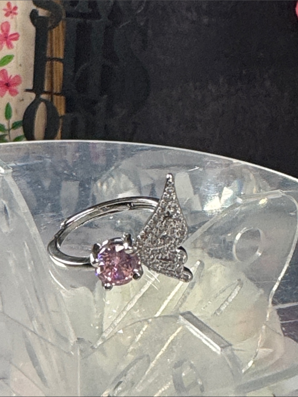 Sterling Silver Butterfly Ring with Pink Crystal
